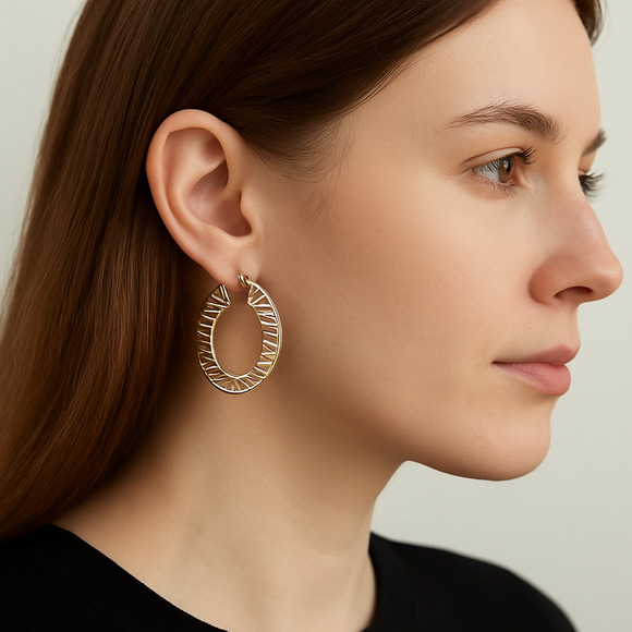 Sterling Silver Two Tone Textured Hoop Earrings 4.6g Polished Striped Design - Picture 1 of 14